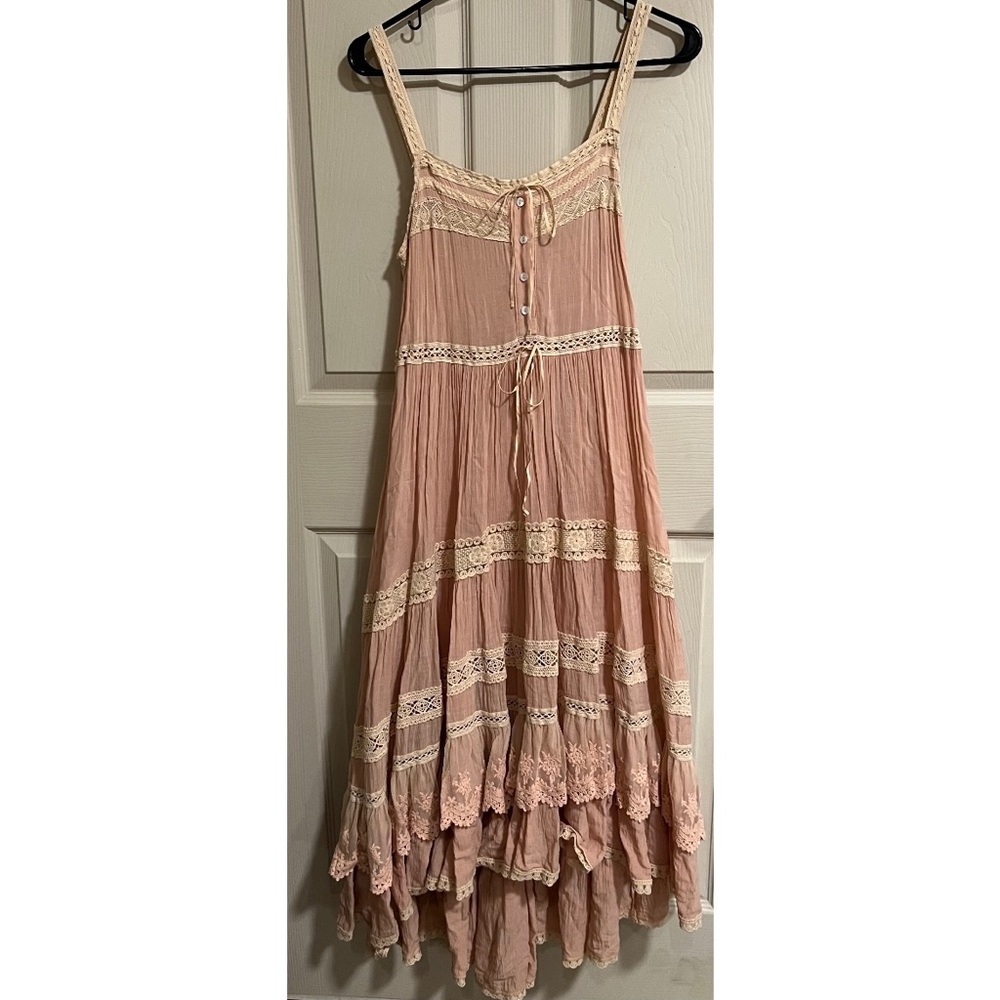 EUC SPELL prairie blush peach nude midi maxi layered lace ruffles dress S small - Picture 2 of 9